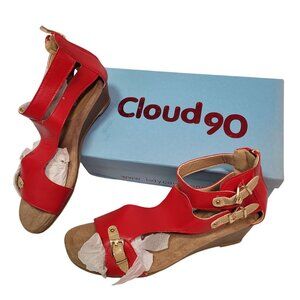 Cloud 90 Women's Red Open-Toe Leather Wedge Sandals With Buckle Straps Size 7